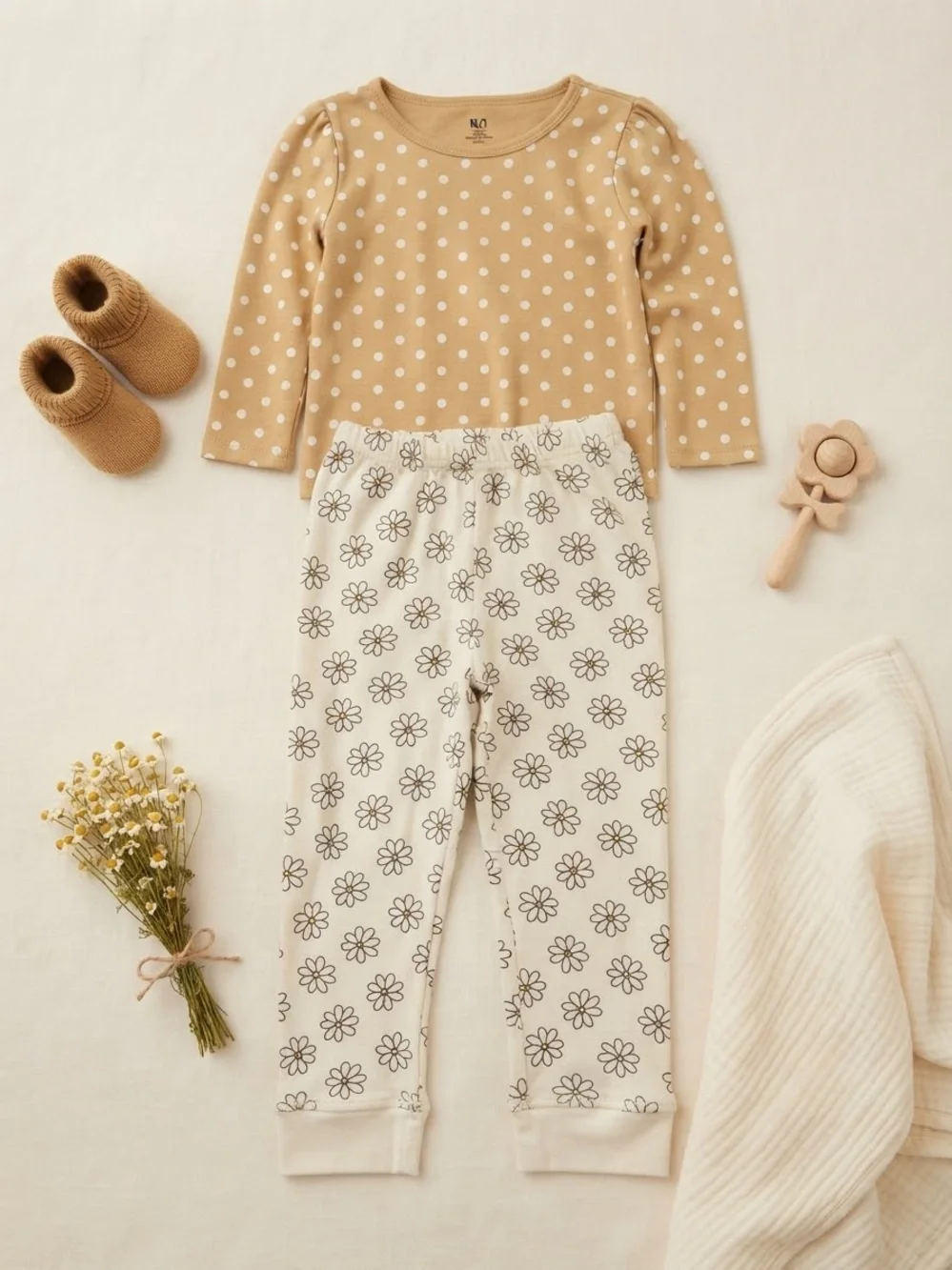 Hudson Baby Tan Polka Dot Long Sleeve Top & Cream Floral Pants Pajama Set